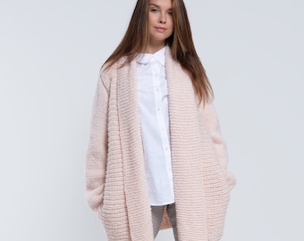 Chunky Merino Womens Cardigan, Knitted Longer Woolen Coat, Warm Alpaca Wool Hand Knit Plus Size Cardigan with Pockets