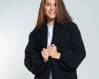 Hand Knitted Solid Woolen Cardigan, Womens Loose Black Coat, Natural Yarns Knit Alpaca Cardigan