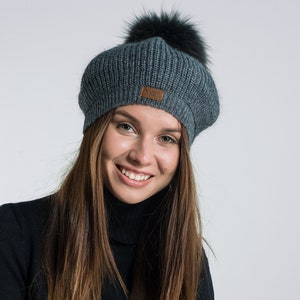 100% Soft Merino Wool Knitted Beret Hat with PomPom, French Beret Inner Silk Lining image 5