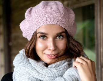 Natürliche Wolle Rosa romantische Baskenmütze, Wollmütze im französischen Stil, handgestrickte weiche Bio-Alpaka-Wollmütze für Frauen, Geschenk für Mutter