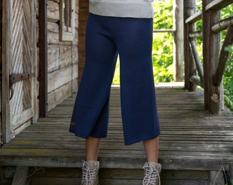 Jupe-culotte pour femmes en laine mérinos tricotée, Pantalon léger en laine, Jupe-culotte large en laine mérinos, Pantalon pour femmes doux tricoté à la main