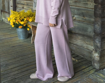 Frauen Merino stricken locker sitzende weiche Wolle Hosen, reine Wolle Merino Hose Loungwear, entspannte Passform warme gestrickte natürliche Merino Hose für Frauen