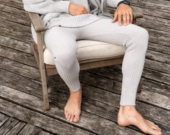 Gebreide yogalegging voor heren, zachte, dunne joggers van merinowol, comfortabele homewear voor heren, natuurlijke merinowollen legging in lichtgrijs