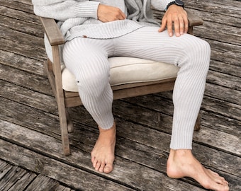 Strick-Leggings für Herren, Weiche dünne Merinowolle Jogger, Bequeme Herren Homewear, Natürliche Merinowolle Leggings in Hellgrau