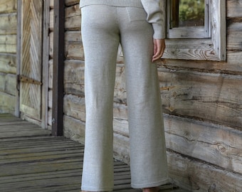 Merino Wool Loose Womens Pants, Knitted Classic Pants, Soft Elegant Wide Merino Trousers, Slouchy Loungewear