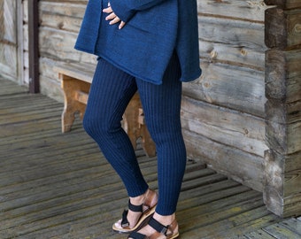 Mallas de merino suave, leggings de vellón merino, mallas de lana para mujer, leggings tejidos a mano para estar en casa, leggings de lana elástica