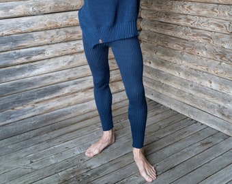 Blue mens leggings, Knitted merino man tights, Soft men's wool leggings, Yoga leggings unisex, Natural merino home leggings for men