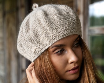 Berretto in lana di alpaca naturale lavorato a maglia, berretto di lana in stile francese, cappello in lana di alpaca biologica lavorata a mano per donna