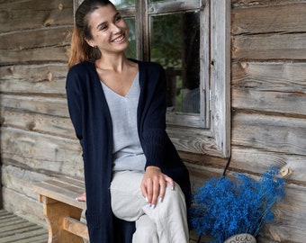 Knitted long merino wool cardigan, Cosy oversized woolen jacket, Blue soft merino women&#39;s sweater with pockets, Loose fit hand knit cardigan