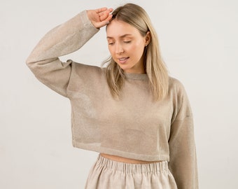 Minimalist eco linen top crop, Knitted women's sweater, Natural linen hand knit crop top pullover, Vintage beige knitted sweater