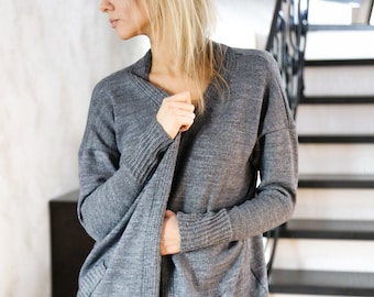 Soft Merino Wool Oversized Cardigan with Pockets, Warm Spring Sweater for Her