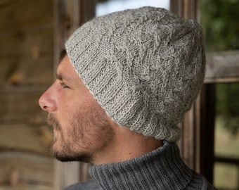 Pure Alpaca Wool Mens Beanie, Hand Knitted Minimalist Hat, Alpaca Wool Knit Cap, Gray Natural Woolen Unisex Cap