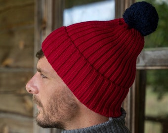 Hand Knit Merino Wool Cap, Bobble Unisex Hat, Husbands Winter Hat, Pom Pon Natural Woolen Beanie for Couple