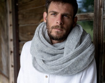 Oversized men's knitted scarf, Big hand knit woolen unisex shawl, Grey mohair wool wrap scarf for husband, Christmas gift idea for dad