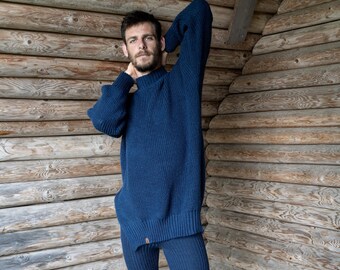 Minimalist dark blue merino man's sweater, Hand knitted woolen pullover, Oversize unisex warm merino jumper, Men's winter turtleneck