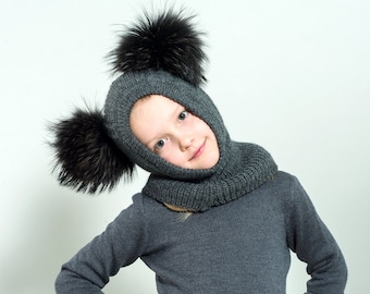 Soft Merino Wool Toddler Balaclava with Fur Pompoms, Handmade Spring Hat, Hygge Style Cap