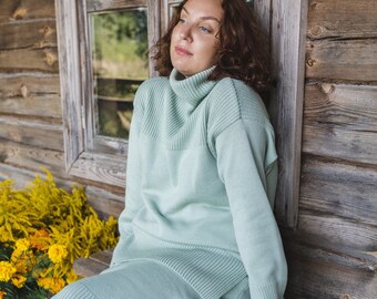 Suéter de mujer de talla grande de ajuste suelto de menta, suéter de lana merino de punto a mano, ropa de mujer de lana, jersey de punto, suéter minimalista