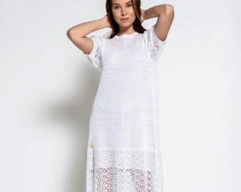 White Wedding Dress, Linen Knitted Lighweight Elegant Long Womens Dress, White Linen Summer Dress, See Through Dress