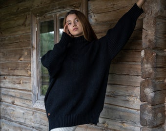 High neck hand knitted womens sweater, Black oversized merino wool jumper, Warm natural wool pullover, Woman knit black sweater