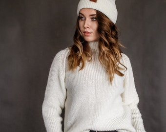 Soft Merino Wool Mock Sweater, Hand Knitted Warm Minimalist Turtleneck Top