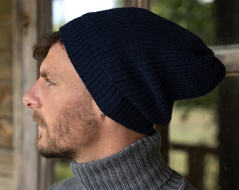 Dark Blue Men's Beanie Cap, Hand Knitted Natural Merino Wool Cap, Slouchy Unisex Hat, Woolen Accessories