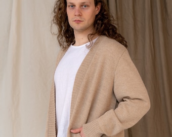 Knitted alpaca wool man's cardigan, Luxury wool mens jacket, Husbands woolen sweater, Fair made cardigan, Loose fit man alpaca sweater