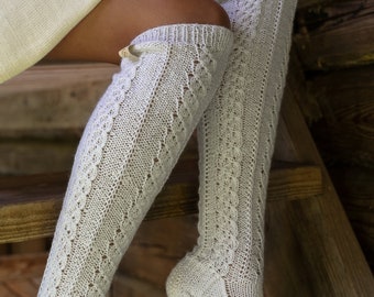 Women's Hand Knitting Fine Alpaca Wool Socks, Elegant Knee High Socks, Warm Alpaca Yarns Boots Socks, Handmade Gift for Mummy