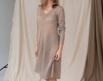 Summer linen smock dress, Romantic see through midi dress, Long sleeve hand knit linen boho dress, Womens beach sheer dress