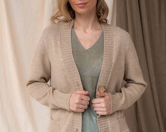 Cardigan 100% laine d’alpaga, Veste boutonnée minimaliste en tricot à la main de luxe, Pull en laine avec poches, Fil d’alpaga cardigan femme