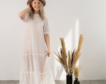 Hand knitted linen dress, White crochet summer dress, Long see through linen dress, Lightweight wedding dress, Boho crochet dress