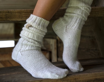 White Organic Alpaca Socks, Ladies Long Knitted Socks, Mothers Day Gift Idea, Soft Alpaca Wool Warm Socks for Women