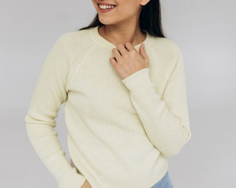Merino white sweater, Soft pure wool warm pullover, Hand knit woolen jumper, Minimalist natural wool pullover top, Warm all season sweater