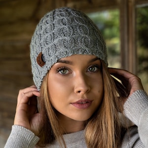 Knitted Warm Alpaca Cap, Unisex Natural Wool Hat, Grey Minimalist Hand Knit Cap, Soft Alpaca Wool Womens Springtime Hat