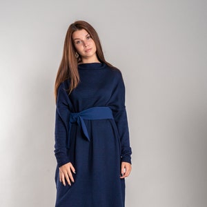 Loose Fit Merino Wool Tunica, Lightweight Soft Hand Knitted Long Dress for Women, Soft Wool Maxi Blue Winter Dress image 1