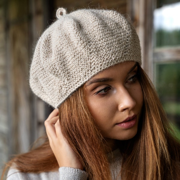 Bonnet en laine d'alpaga naturelle tricotée, béret en laine à la française, bonnet en laine d'alpaga biologique tricoté à la main pour femme