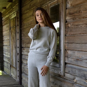 Trendy Knitted Merino Wool Outfit, Matching Sweatshirt and Wide Pants Set, Two Piece Loungewear Relaxed Womens Knitted Suit