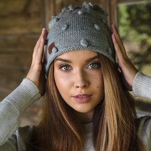 100% Pure Alpaca Wool Cap, Hand Knitted Woolen Cap in Gray, Knit Hat for Women, Gift for Mother image 3