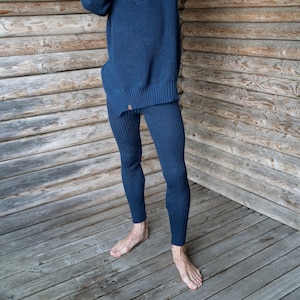 Blauwe herenlegging, gebreide herenpanty van merinowol, zachte wollen herenlegging, unisex yogalegging, natuurlijke merino-homelegging voor heren