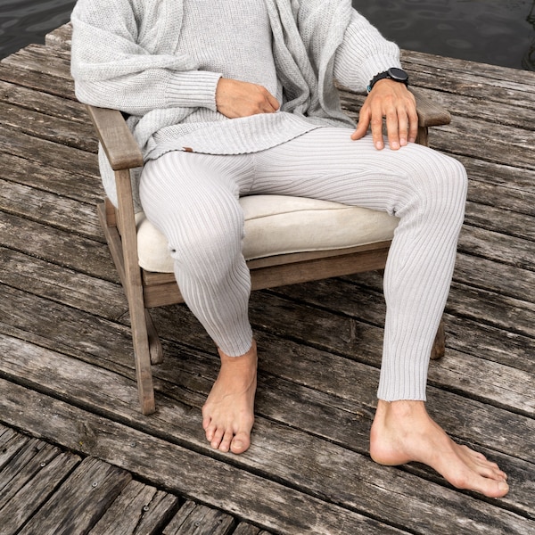 Leggings de yoga tricotés pour hommes, pantalons de jogging en laine mérinos fine et douce, vêtements d'intérieur confortables pour hommes, leggings en laine mérinos naturelle gris clair