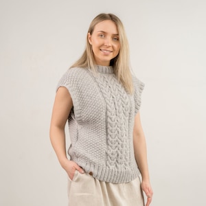Hand knit grey merino wool vest, Knitted vintage women&#39;s braided vest, Boho alpaca waistcoat, Natural wool sweater vest