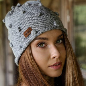 100% Pure Alpaca Wool Cap, Hand Knitted Woolen Cap in Gray, Knit Hat for Women, Gift for Mother Gray