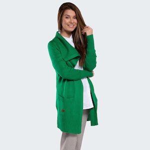 Spring Green Soft Merino Cardigan with Pockets, Handmade Sweater with Big Collar