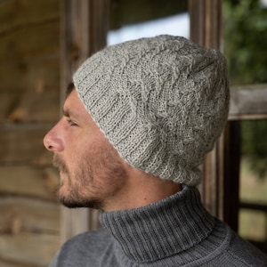 Pure Alpaca Wool Mens Beanie, Hand Knitted Minimalist Hat, Alpaca Wool Knit Cap, Gray Natural Woolen Unisex Cap