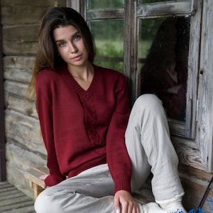 Soft merino wool vintage sweater, Women&#39;s smart casual sweater, Knitted natural wool jumper, Retro braided woolen pullover top