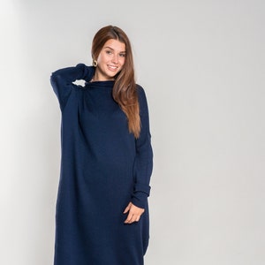 Loose Fit Merino Wool Tunica, Lightweight Soft Hand Knitted Long Dress for Women, Soft Wool Maxi Blue Winter Dress Dark Blue