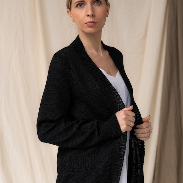 Black open front cardigan, Women alpaca wool knitwear, Classic minimalist woman jumper, Loose fit knitted cardigan, Cosy black sweater