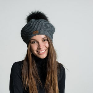 100% Soft Merino Wool Knitted Beret Hat with PomPom, French Beret Inner Silk Lining Dark Gray