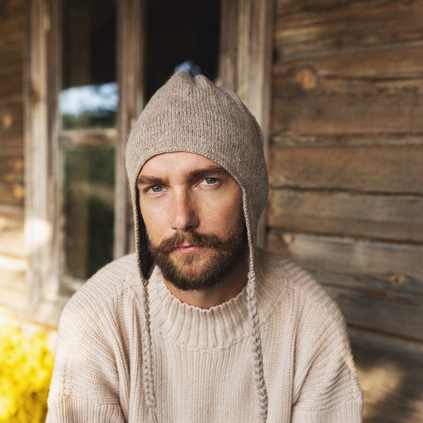 Bonnet en laine avec cache-oreilles, bonnet pour homme tricoté 100 % laine d'alpaga, chapeau d'hiver avec cache-oreilles, bonnets unisexes de style norvégien, casquette scandi en pure laine