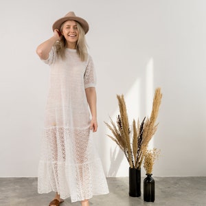 Hand knitted linen dress, White crochet summer dress, Long see through linen dress, Lightweight wedding dress, Boho crochet dress image 1