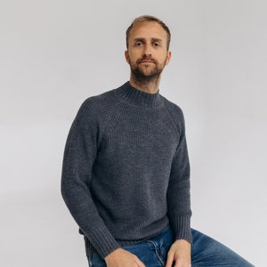 Dunkelgrauer Pullover aus 100% Merinowolle für Männer, Rollkragenpullover aus reiner Merinowolle
